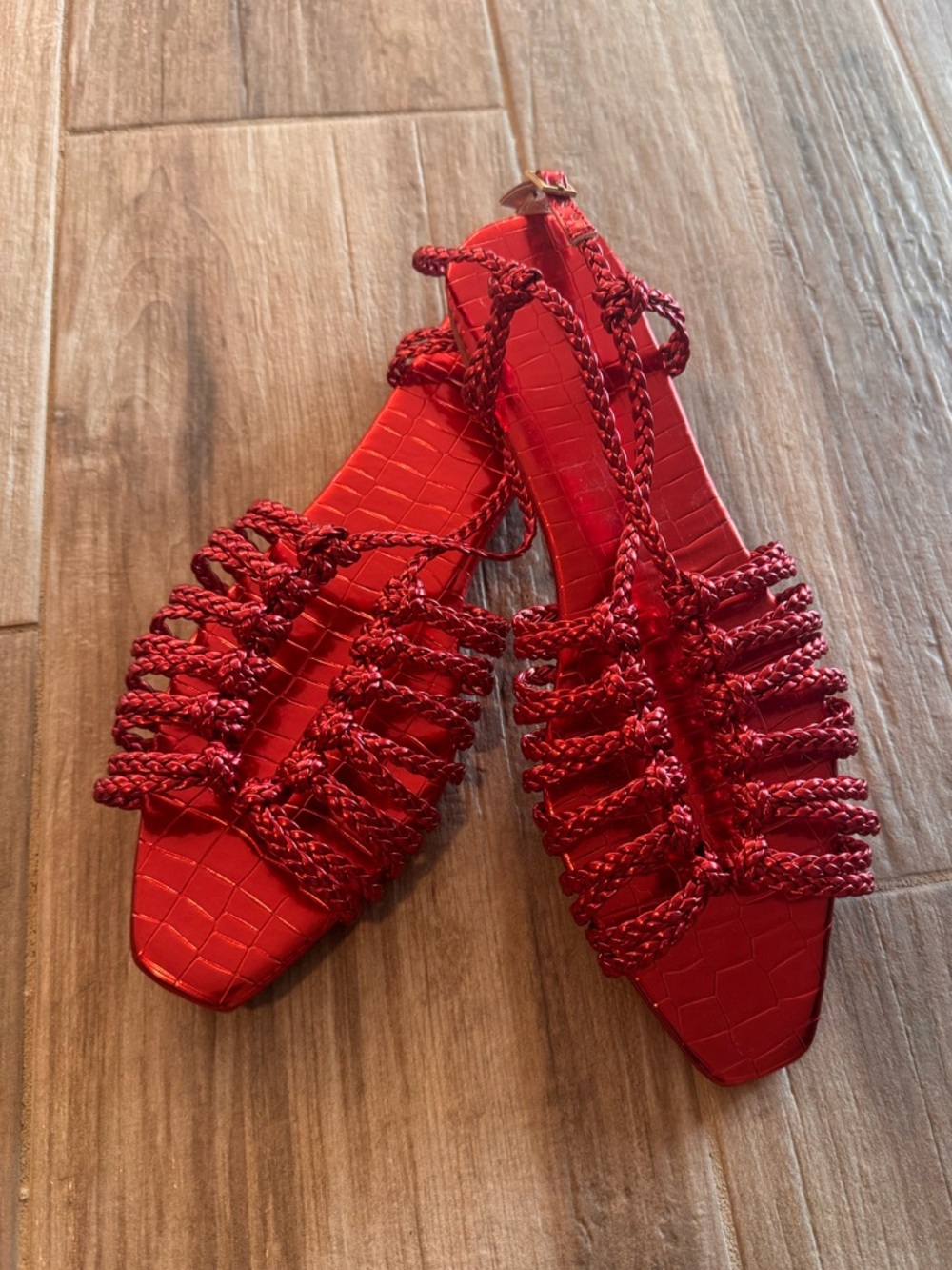 Women's Red Braided Strappy Flat Sandals